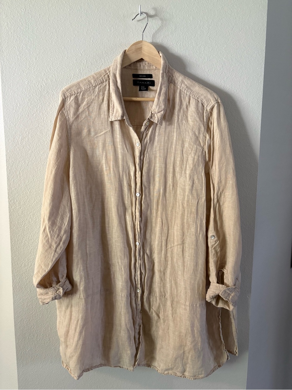 Tahari Linen Button-Up Shirt in Light Beige